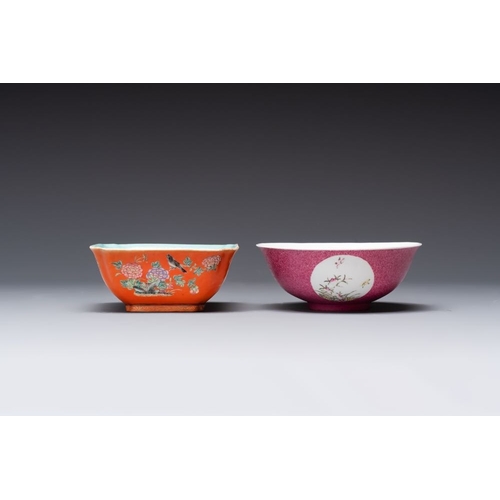 71 - A Chinese coral-red-ground famille rose square bowl and a sgraffito-ruby-ground bowl, Qianlong and T... 