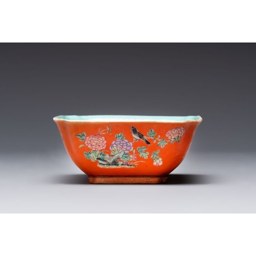 71 - A Chinese coral-red-ground famille rose square bowl and a sgraffito-ruby-ground bowl, Qianlong and T... 