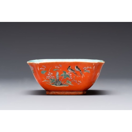 71 - A Chinese coral-red-ground famille rose square bowl and a sgraffito-ruby-ground bowl, Qianlong and T... 