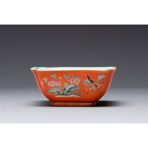 71 - A Chinese coral-red-ground famille rose square bowl and a sgraffito-ruby-ground bowl, Qianlong and T... 