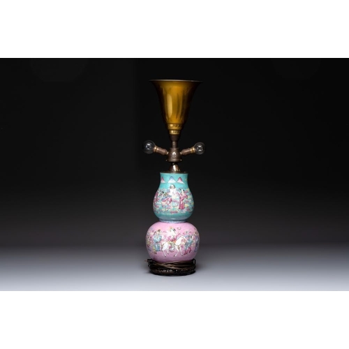 72 - A Chinese famille rose double gourd 'Eight Immortals' vase mounted as a lamp, 19th C.H.: 70 cm (incl... 