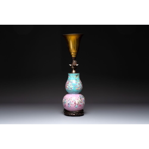 72 - A Chinese famille rose double gourd 'Eight Immortals' vase mounted as a lamp, 19th C.H.: 70 cm (incl... 