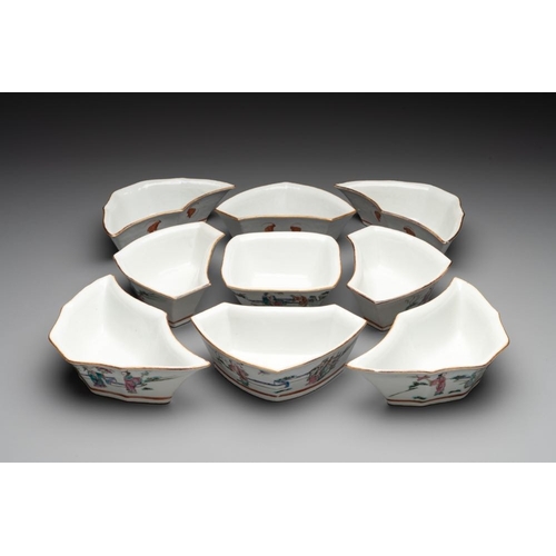 76 - A Chinese famille rose nine-piece sweetmeat or rice table set, Tongzhi mark, 19th C.Dim.: 20,4 x 11 ... 