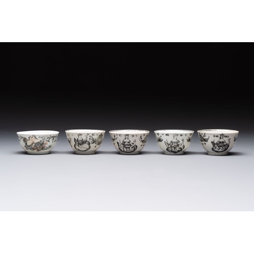 770 - Four Chinese gilt-decorated grisaille 'crowned Juno and peacock' cups and saucers and a 'European su... 