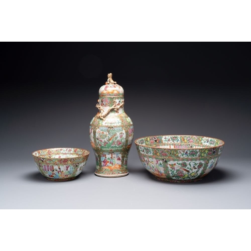 78 - A Chinese Canton famille rose covered vase and two bowls, 19th C.H.: 48 cm (the vase incl. cover)Dia... 