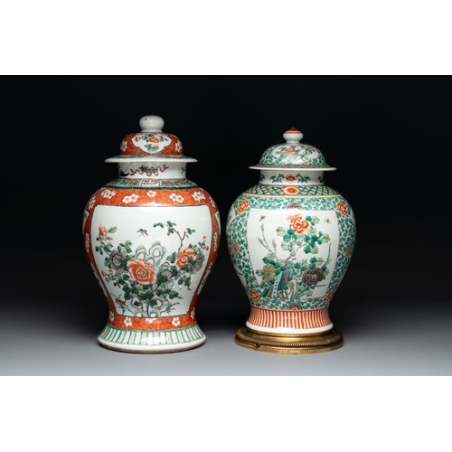 80 - A Chinese famille verte vase and two covered vases, 19th C.H.: 45 cm (the tallest incl. cover)H.: 42... 