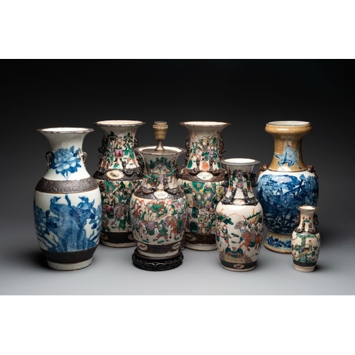 83 - Seven Chinese Nanking blue and white and famille verte crackle-glazed vases, 19/20th C.H.: 45,5 cm (... 