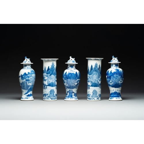 9 - A Chinese blue and white garniture of five vases with river landscapes, 19th C.H.: 27,5 cm (the cove... 