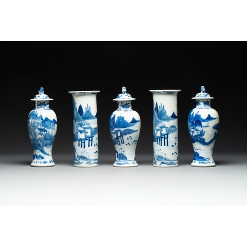 9 - A Chinese blue and white garniture of five vases with river landscapes, 19th C.H.: 27,5 cm (the cove... 