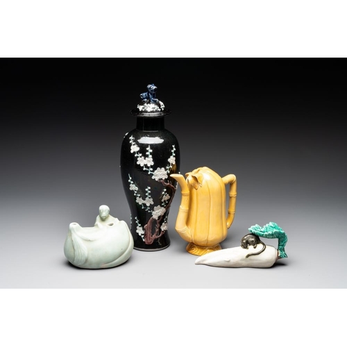 93 - A Chinese celadon-glazed water dropper, a yellow-glazed ewer, a famille noire covered vase and a min... 