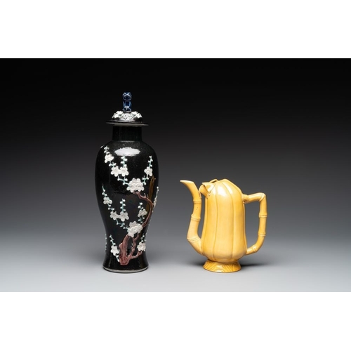 93 - A Chinese celadon-glazed water dropper, a yellow-glazed ewer, a famille noire covered vase and a min... 