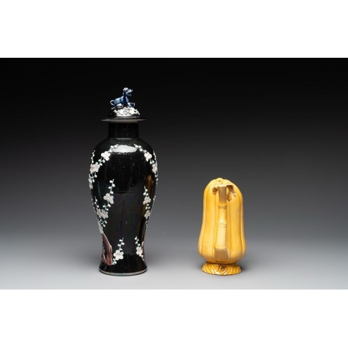 93 - A Chinese celadon-glazed water dropper, a yellow-glazed ewer, a famille noire covered vase and a min... 