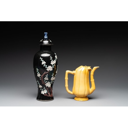 93 - A Chinese celadon-glazed water dropper, a yellow-glazed ewer, a famille noire covered vase and a min... 