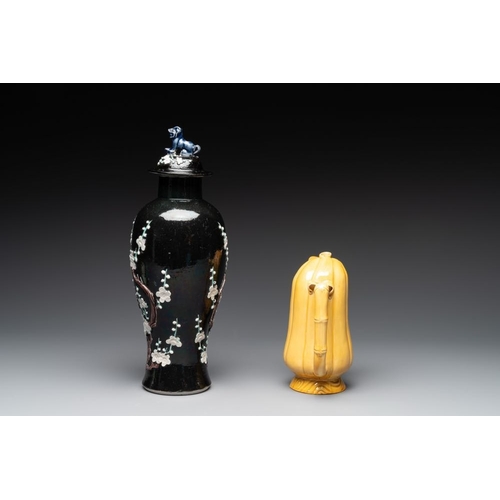 93 - A Chinese celadon-glazed water dropper, a yellow-glazed ewer, a famille noire covered vase and a min... 