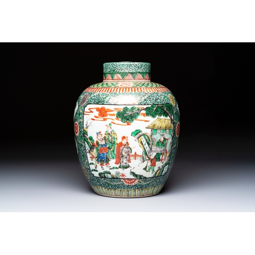 10 - A Chinese famille verte jar and cover with narrative design, 19th C.H.: 34 cm (incl. cover)Condition... 
