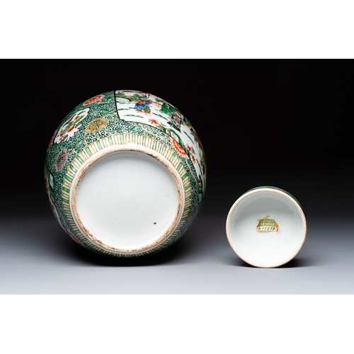 10 - A Chinese famille verte jar and cover with narrative design, 19th C.H.: 34 cm (incl. cover)Condition... 