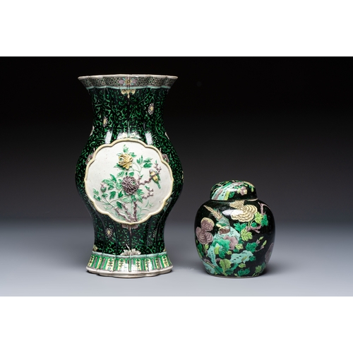 14 - A Chinese verte biscuit black-ground vase and a covered jar, Xuande and Kangxi mark, 19th C.H.: 31,6... 