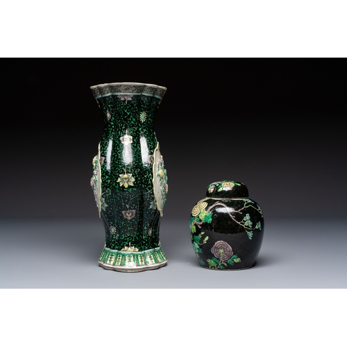 14 - A Chinese verte biscuit black-ground vase and a covered jar, Xuande and Kangxi mark, 19th C.H.: 31,6... 