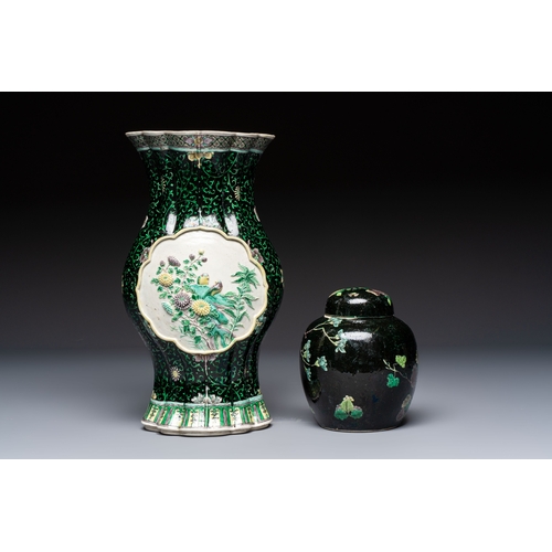 14 - A Chinese verte biscuit black-ground vase and a covered jar, Xuande and Kangxi mark, 19th C.H.: 31,6... 