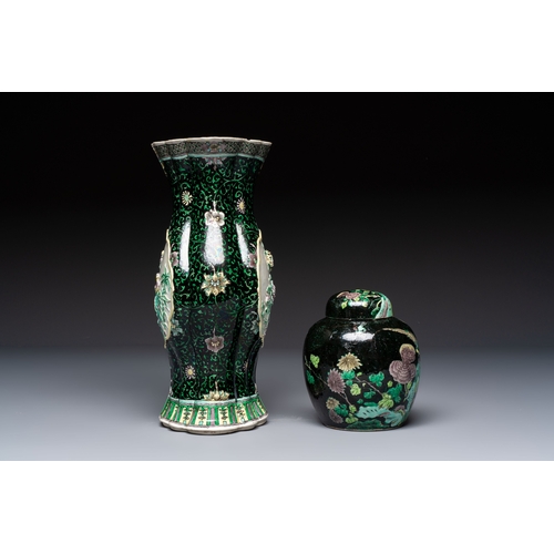14 - A Chinese verte biscuit black-ground vase and a covered jar, Xuande and Kangxi mark, 19th C.H.: 31,6... 