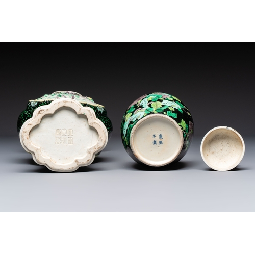 14 - A Chinese verte biscuit black-ground vase and a covered jar, Xuande and Kangxi mark, 19th C.H.: 31,6... 