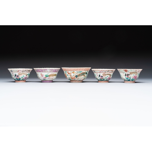 2 - Five Chinese famille rose 'Phoenix and Peony' cups and three saucers for the Peranakan market, Qianl... 