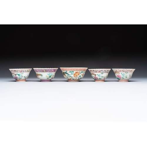 2 - Five Chinese famille rose 'Phoenix and Peony' cups and three saucers for the Peranakan market, Qianl... 