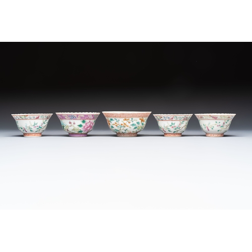 2 - Five Chinese famille rose 'Phoenix and Peony' cups and three saucers for the Peranakan market, Qianl... 
