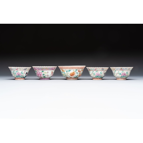 2 - Five Chinese famille rose 'Phoenix and Peony' cups and three saucers for the Peranakan market, Qianl... 