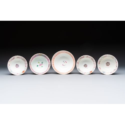 2 - Five Chinese famille rose 'Phoenix and Peony' cups and three saucers for the Peranakan market, Qianl... 