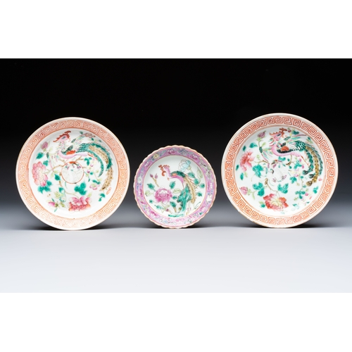 2 - Five Chinese famille rose 'Phoenix and Peony' cups and three saucers for the Peranakan market, Qianl... 