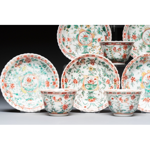 26 - Four Chinese famille verte cups and seven saucers, 19th C.Dia.: 12,5 cm (the saucers)Dia.: 7,9 cm - ... 