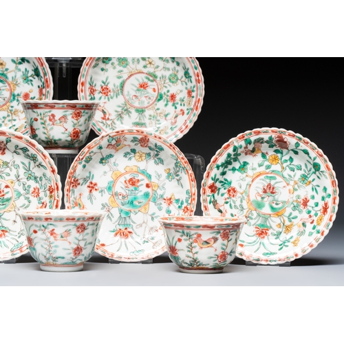 26 - Four Chinese famille verte cups and seven saucers, 19th C.Dia.: 12,5 cm (the saucers)Dia.: 7,9 cm - ... 