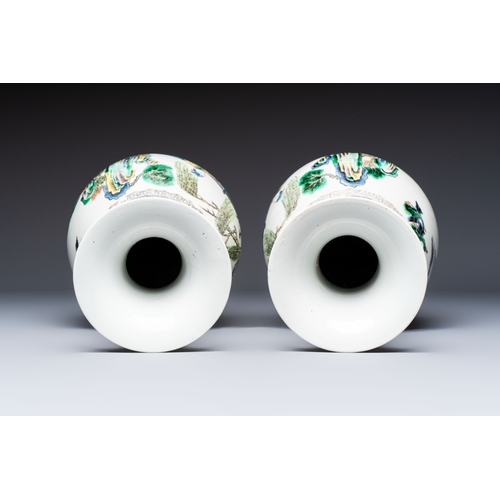 32 - A pair of Chinese famille verte vases with narrative design, 19th C.H.: 35 cmCondition reports and a... 