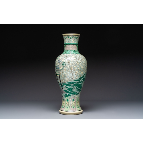 33 - A Chinese verte biscuit 'Dragon Gate Carp' vase on a wooden stand, Xuande mark, 19th C.H.: 63 cm (in... 