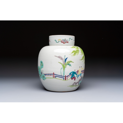 37 - A Chinese famille rose 'Playing Boys' jar and cover, Kangxi mark, 19th C.H.: 23,5 cm (incl. cover)
C... 