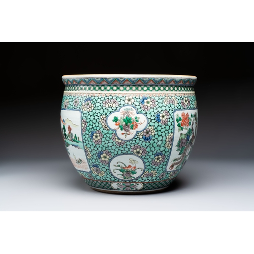 46 - A Chinese famille verte 'Phoenix and Mountainous Landscape' jardinière, 19th C.Dia.: 36,5 cm - H.: 3... 