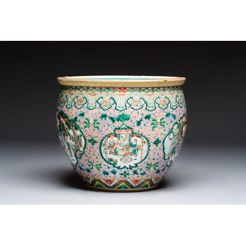 47 - A Chinese famille verte pink-ground scroll pot with narrative design, 19th C.Dia.: 41 cm - H.: 35,4 ... 