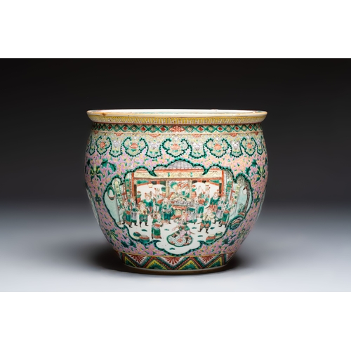 47 - A Chinese famille verte pink-ground scroll pot with narrative design, 19th C.Dia.: 41 cm - H.: 35,4 ... 