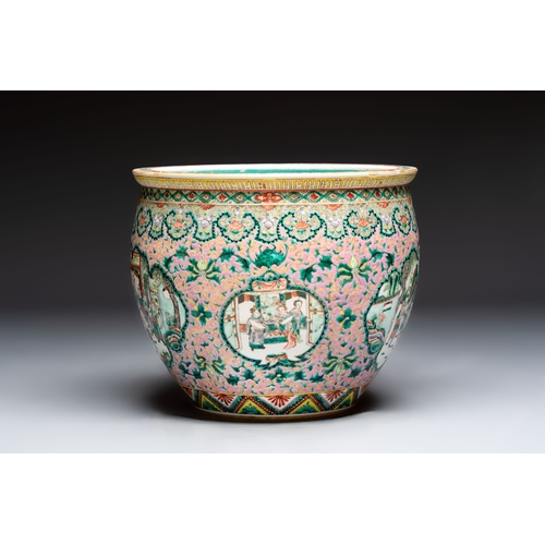 47 - A Chinese famille verte pink-ground scroll pot with narrative design, 19th C.Dia.: 41 cm - H.: 35,4 ... 