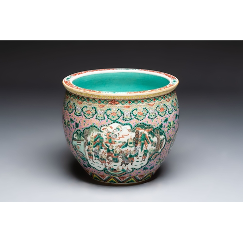 47 - A Chinese famille verte pink-ground scroll pot with narrative design, 19th C.Dia.: 41 cm - H.: 35,4 ... 