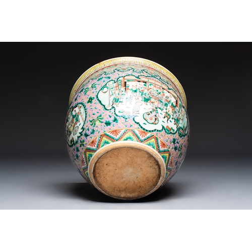47 - A Chinese famille verte pink-ground scroll pot with narrative design, 19th C.Dia.: 41 cm - H.: 35,4 ... 