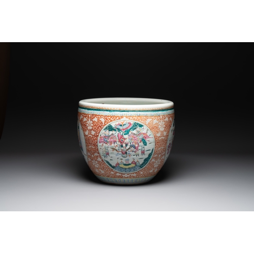 48 - A large Chinese famille rose coral-red-ground fish bowl with narrative design, 19th C.Dia.: 53 cm - ... 