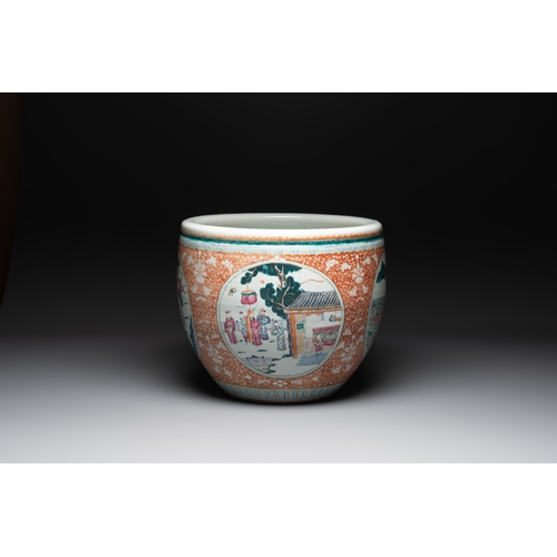48 - A large Chinese famille rose coral-red-ground fish bowl with narrative design, 19th C.Dia.: 53 cm - ... 