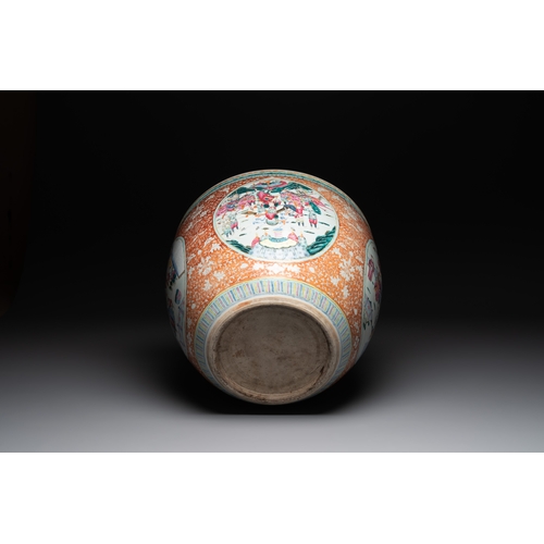 48 - A large Chinese famille rose coral-red-ground fish bowl with narrative design, 19th C.Dia.: 53 cm - ... 