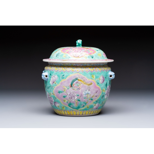 5 - A Chinese famille rose turquoise-ground 'Kamcheng' bowl and cover for the Straits or Peranakan marke... 