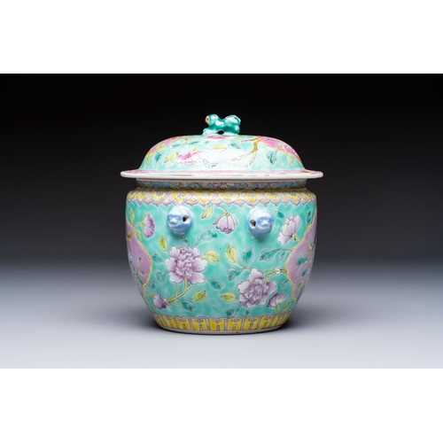 5 - A Chinese famille rose turquoise-ground 'Kamcheng' bowl and cover for the Straits or Peranakan marke... 