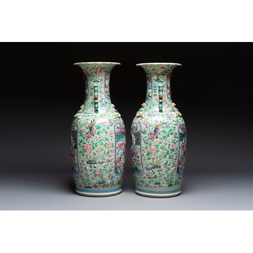 57 - A pair of large Chinese famille rose celadon-ground 'Romance of the Three Kingdoms' vases, 19th C.H.... 