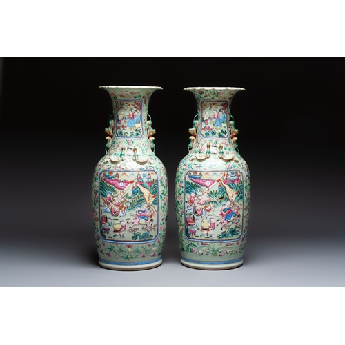 57 - A pair of large Chinese famille rose celadon-ground 'Romance of the Three Kingdoms' vases, 19th C.H.... 