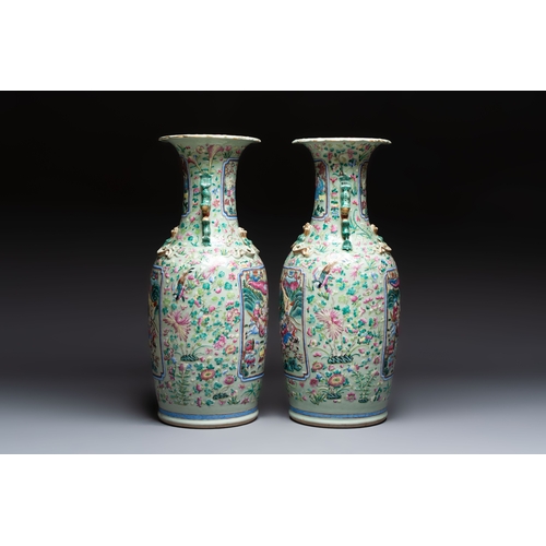 57 - A pair of large Chinese famille rose celadon-ground 'Romance of the Three Kingdoms' vases, 19th C.H.... 